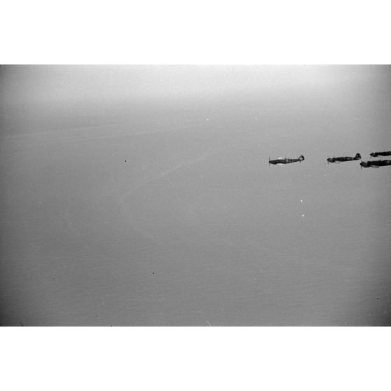 Photographiés depuis un biplan, l'évolution dans le ciel de chasseurs roumains IAR 80 et de Messerschmitt Bf-109 allemands.