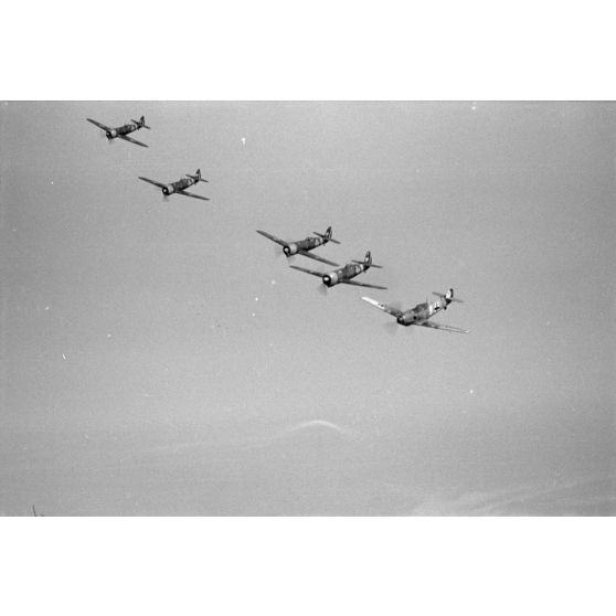 Photographiés depuis un biplan, l'évolution dans le ciel de chasseurs roumains IAR 80 et de Messerschmitt Bf-109 allemands.