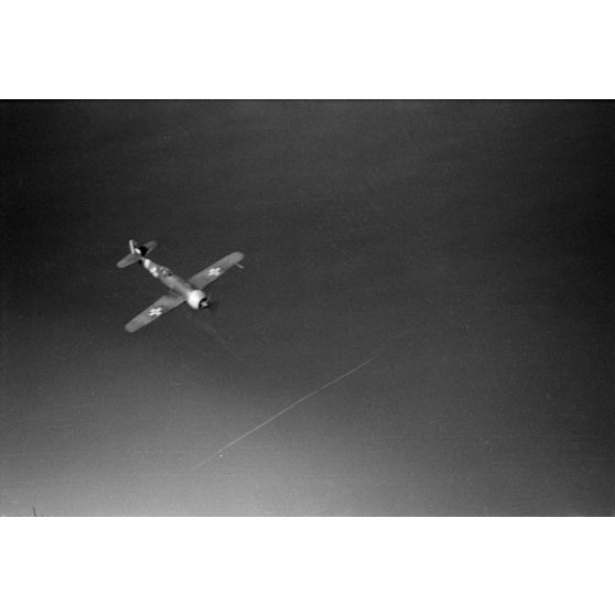 Photographié depuis un biplan, l'évolution dans le ciel d'un chasseur roumain IAR 80 de la 9e escadrille de chasse roumaine.
