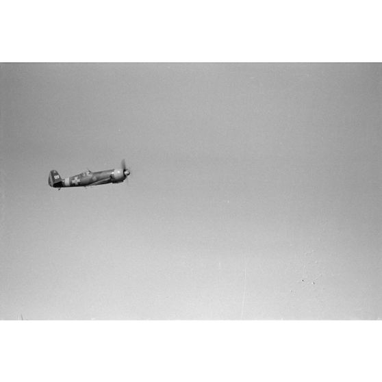 Photographié depuis un biplan, l'évolution dans le ciel d'un chasseur roumain IAR 80 de la 9e escadrille de chasse roumaine.