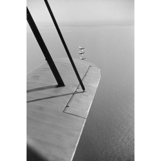 Photographiés depuis un biplan, l'évolution dans le ciel de chasseurs roumains IAR 80 de la 9e escadrille de chasse roumaine.