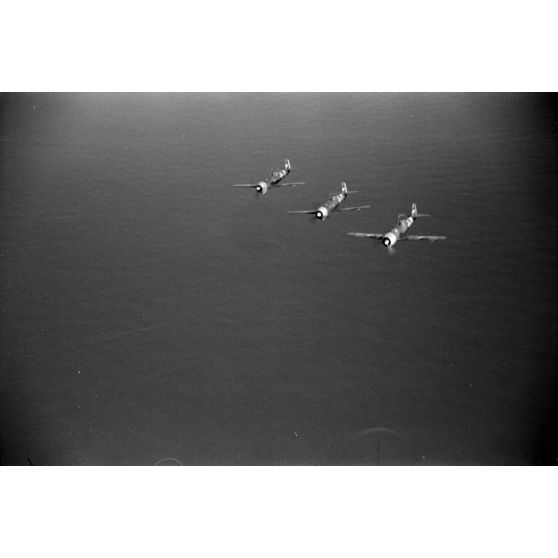 Photographiés depuis un biplan, l'évolution dans le ciel de chasseurs roumains IAR 80 de la 9e escadrille de chasse roumaine.