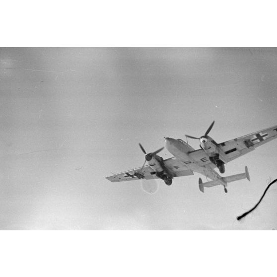 Le chasseur lourd Messerschmitt Bf-110 codé SF+ET du Zerstörergeschwader I (ZG 1).