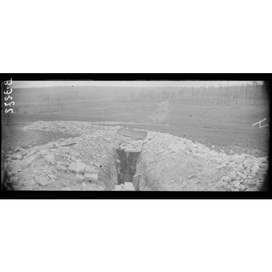 Une prise sur le Bois Bourru. En avant, boyau en zigzag traversant le ravin et occupé par des compagnies de réserve. [légende d'origine]