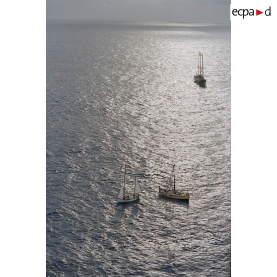 Vue aérienne depuis un hélicoptère du navire Rainbow Warrior II de Greenpeace au large de Moruroa, accompagné des voiliers Véga (voiles blanches) et Bifrost (coque jaune).