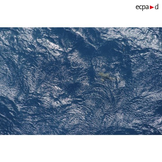 Vue aérienne du platier côté lagon de l'atoll une heure après le troisième tir souterrain Aepytos du 27 octobre 1995 lors de la dernière campagne d'essais nucléaires à Moruroa. Un requin.