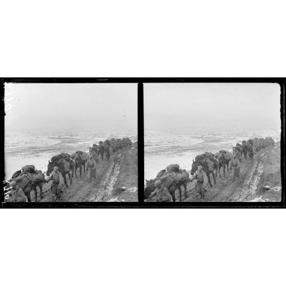 Kavadar (au fond). Départ (du 148e) pour Demir Kapou par une piste de montagne. [légende d'origine]