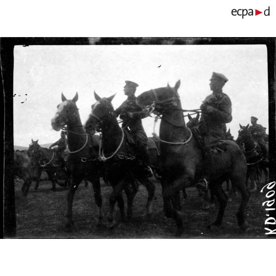 Camp de Lembet. Partie ouest de Zeitenlick. Revue passée par le général Mahon à l'occasion de la remise au général Serrail de la Grand croix de Saint Michel et Saint Georges. Le défilé des troupes. [légende d'origine]