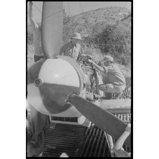 A Mostar, la maintenance d'un moteur de Messerschmitt Bf-109 et portraits de l'Oberleutnant Heimo Emmerstorfer,  I./NAGr. 12.