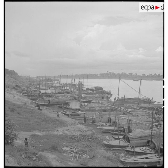 Sampans sur une berge du Mékong à Phnom Penh