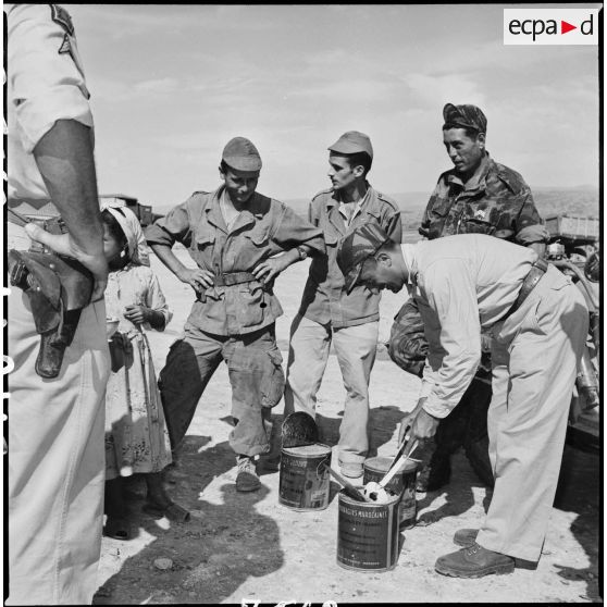 Distribution de denrées alimentaires dans un regroupement. [Description en cours]