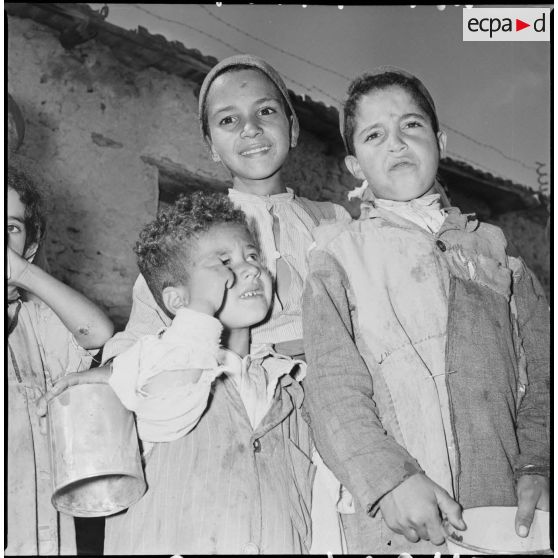 Distribution de denrées alimentaires dans un regroupement. [Description en cours]