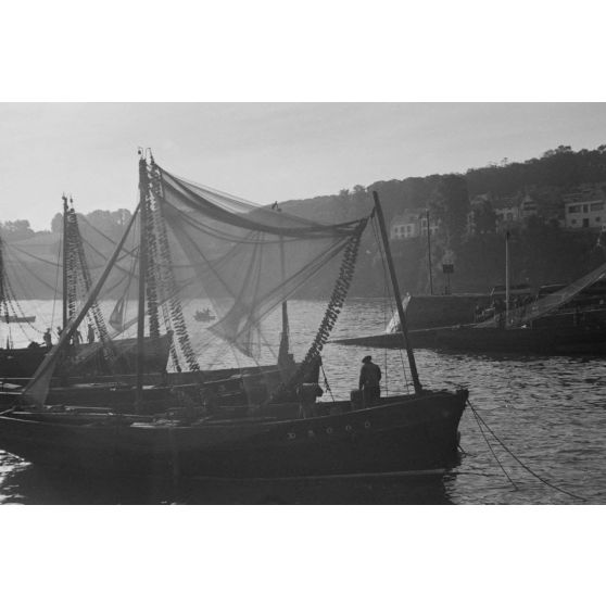 Navires et filets de pêche dans le port de Douarnenez.