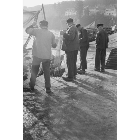 Nettoyage des filets de pêche dans le port de Douarnenez.