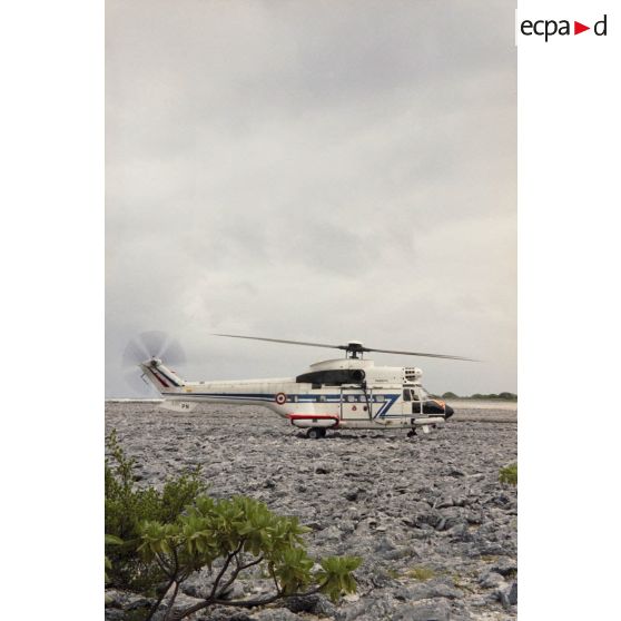 Hélicoptère Super-Puma de l'escadron de transport d'outre-mer (ETOM) 82 sur le site de l'île aux Oiseaux à Fangataufa.