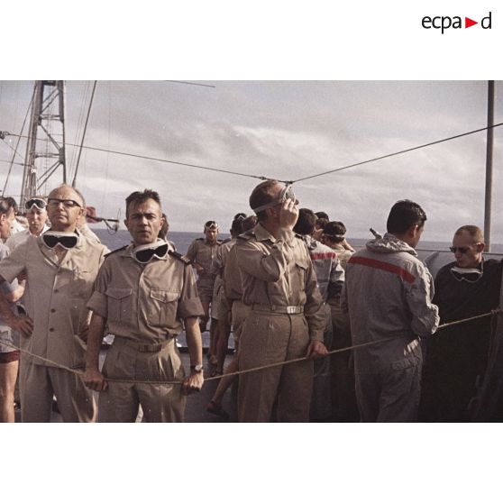 A bord du croiseur De Grasse lors du tir  Altaïr du Centre d'expérimentations du Pacifique (CEP) le 5 juin 1967 sous ballon à Moruroa.