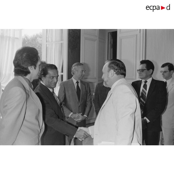 Charles Hernu, ministre de la Défense, entouré de membres de son cabinet, reçoit en audience une délégation d'élus de la Polynésie française conduite par Gaston Flosse. Il salue un élu polynésien.