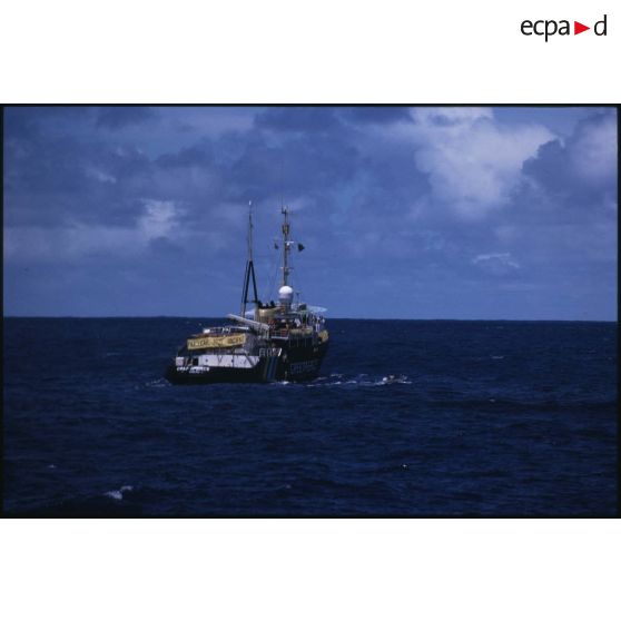 Le bâtiment amiral MV Greenpeace de l'ONG Greenpeace en pleine mer dans le Pacifique.