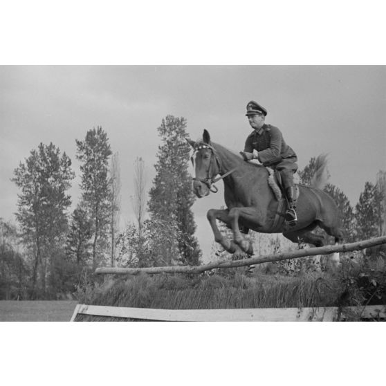 Un officier et sa monture, il pourrait s'agir du lieutenant Heinz Pollay (à confirmer).