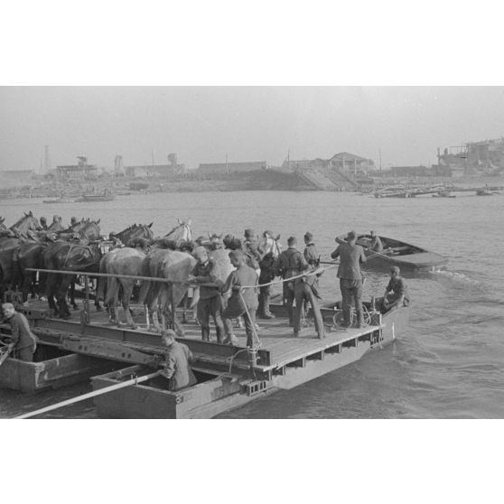 Des soldats et des chevaux traversent le cours d’eau à bord d’une barge.