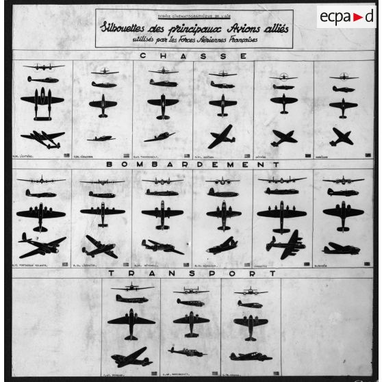 Affiche sur les silhouettes des principaux avions alliés utilisés par les Forces aériennes françaises.