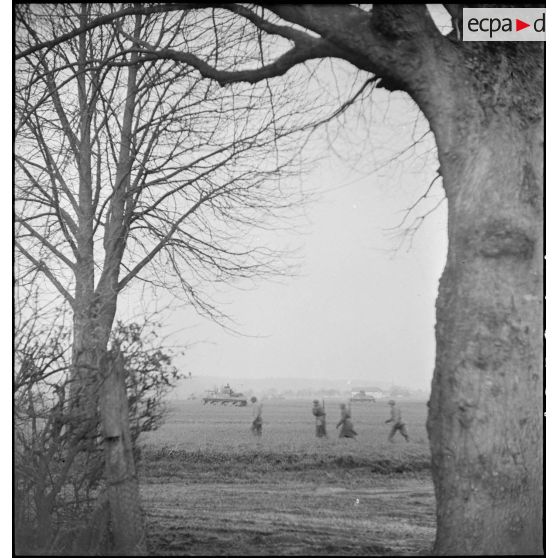Début décembre 1944, des fantassins de la 4e DMM (Division marocaine de montagne) appuyés par les chars de la 1re DB (Division blindée), se déploient pour mener une contre-attaque dans la forêt de la Hardt (Harth) au nord-est de Mulhouse (Haut-Rhin). [description provisoire]