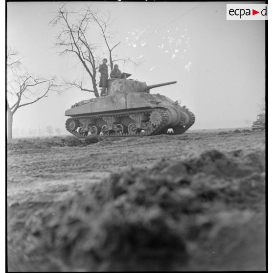 Le char Sherman "Vesoul II" du 4e escadron du 2e RC (Régiment de cuirassiers) progresse sur une route au nord-est de Mulhouse (Haut-Rhin) pour mener une contre-attaque. [description provisoire]