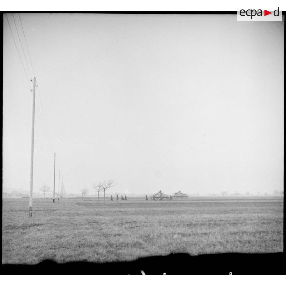 Début décembre 1944, des fantassins de la 4e DMM (Division marocaine de montagne) appuyés par les chars de la 1re DB (Division blindée), se déploient pour mener une contre-attaque dans la forêt de la Hardt (Harth) au nord-est de Mulhouse (Haut-Rhin). [description provisoire]