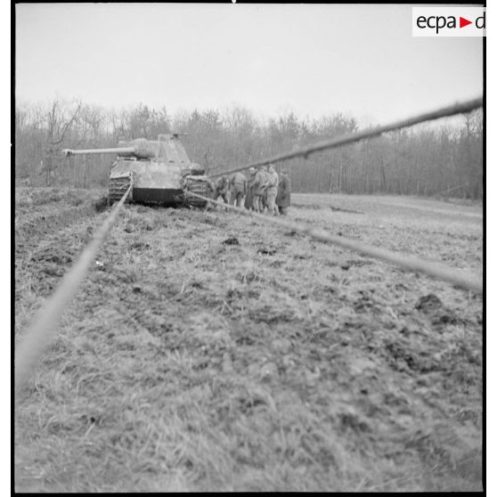 Char Panzer V Panther endommagé et récupéré par la 1re DB (Division blindée) après des combats dans la forêt de la Hardt (Haut-Rhin). [description provisoire]