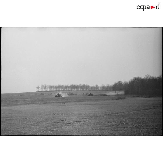 Chars Sherman du 5e RCA (Régiment de chasseurs d'Afrique) lors d'un entraînement aux environs de Romagny (Haut-Rhin). [description provisoire]