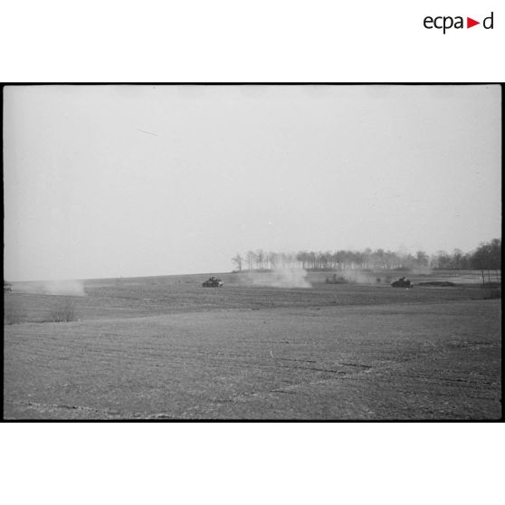 Chars Sherman du 5e RCA (Régiment de chasseurs d'Afrique) lors d'un entraînement aux environs de Romagny (Haut-Rhin). [description provisoire]