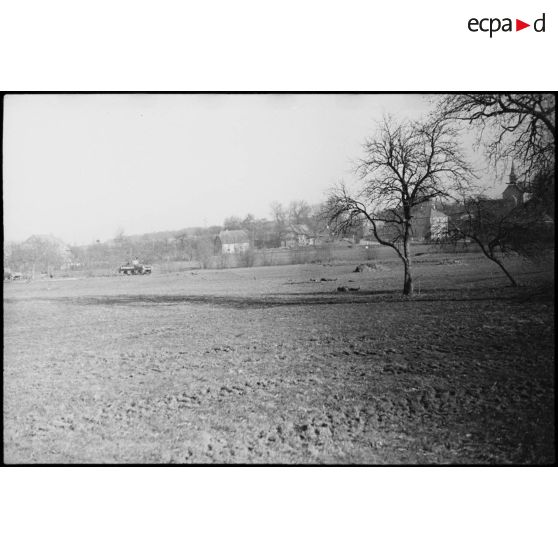 Char Sherman du 5e RCA (Régiment de chasseurs d'Afrique) lors d'un entraînement avec des fantassins aux environs de Romagny (Haut-Rhin). [description provisoire]