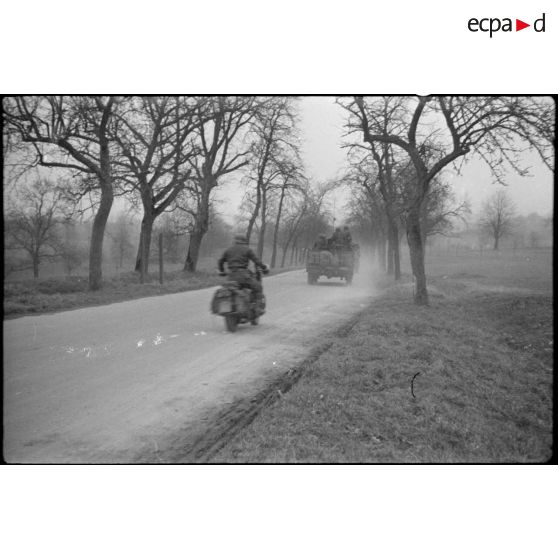 Déplacement en patrouille du 3e escadron du RICM (Régiment d'infanterie coloniale du Maroc) en direction de Rosenau (Haut-Rhin). [description provisoire]