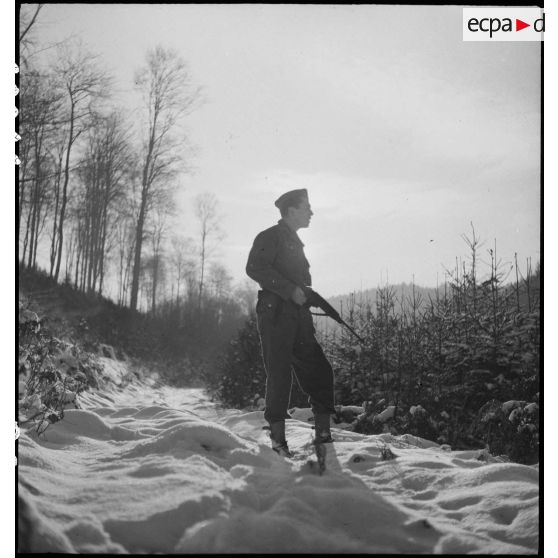 Bataille d'Alsace : Patrouille française dans la forêt des Vosges. [description provisoire]