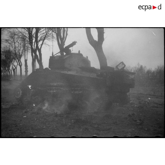 Un char Sherman incendié. [description provisoire]