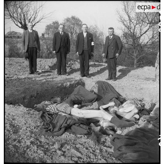 Notables allemands devant une fosse commune dans le camp de Vaihingen. [description provisoire]