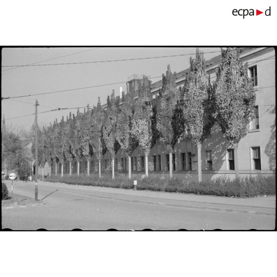 Bâtiment militaire dans Karlsruhe, entouré de poteaux camouflés en arbres qui semblent alimenter le bâtiment en électricité.