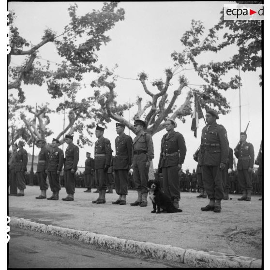 La bataille de l'Authion avec la 1re DFL (Division française libre) : prise d'armes à Cannes en présence du général Doyen.