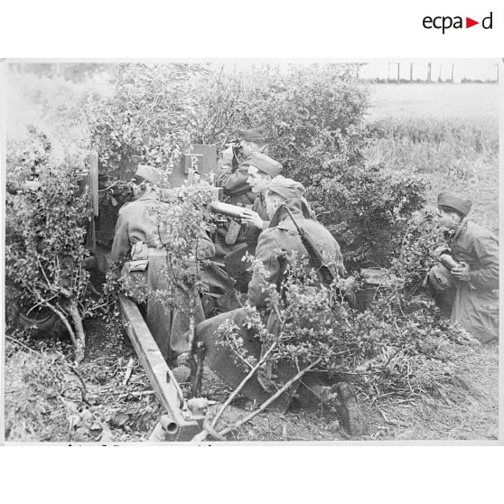 Artilleurs de la 2e division blindée (2e DB) à l'exercice en poste derrière leur canon antichar de 57 mm camouflé en Angleterre.