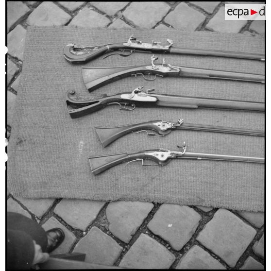 Détail des crosses de cinq fusils anciens.