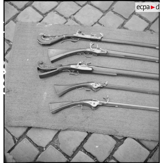 Détail des crosses de cinq fusils anciens.