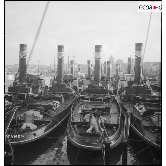 Remorqueurs rhénans amarrés dans le port de Dunkerque, probablement au quai des Hollandais. Au premier plan, les remorqueurs Vergennes et Louvois.