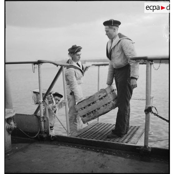 Déchargement d'une caisse de fruits à bord d'un navire au mouillage à Brest.