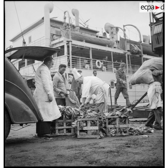 Embarquement de vivres pour le Corps expéditionnaire français en Scandinavie (CEFS) dans le port de Brest.