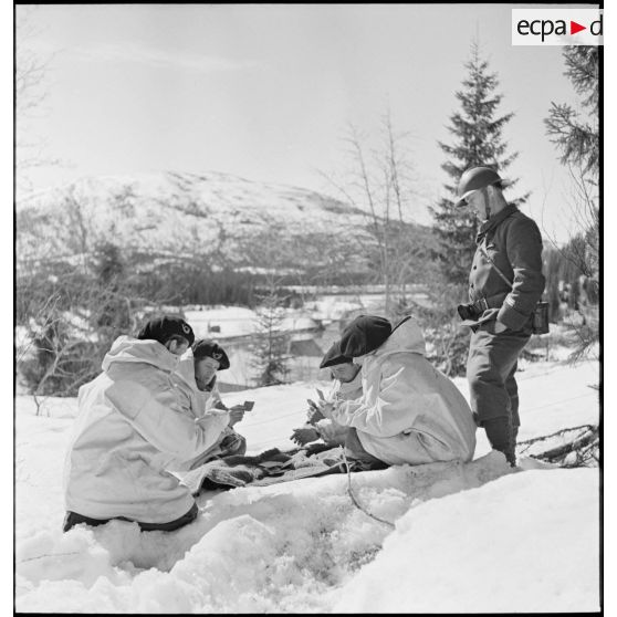 Des chasseurs alpins de la 1ère DLCh (Division légère de chasseurs) font une pause en jouant aux cartes.