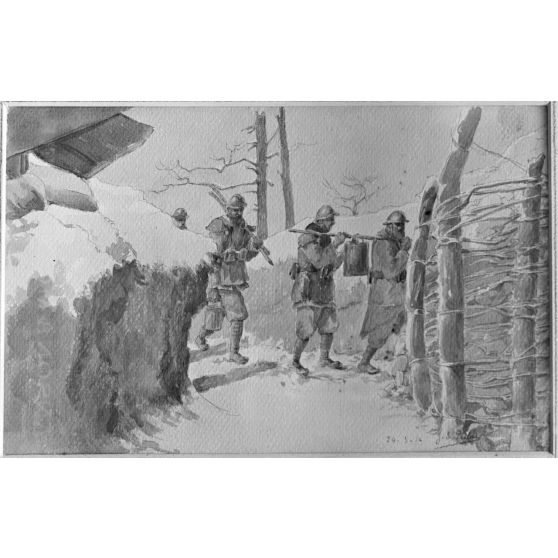 Paris, Salon des Armées, Corvée de soupe dans les Vosges par Pellus. [légende d’origine]