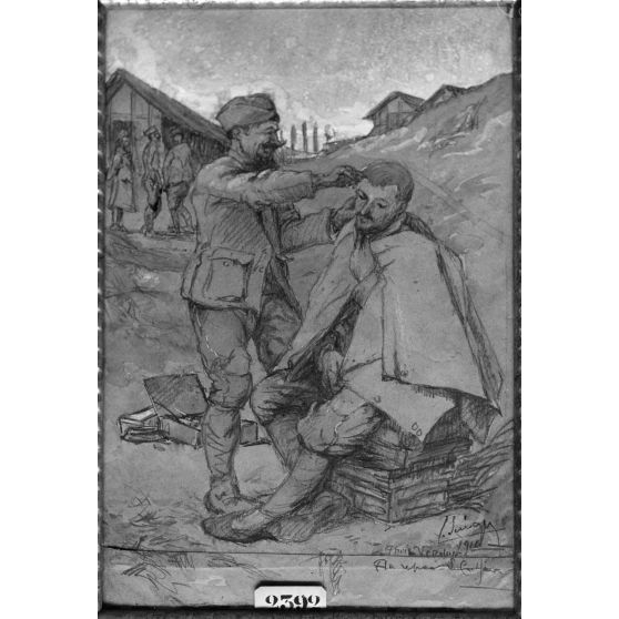 Paris, Salon des Armées, Le coiffeur de la compagnie, Seevagen. [légende d’origine]