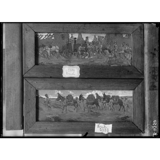 Paris, Salon des Armées, 1/Distribution à la cuisine roulante dans la nuit ; 2/Convoi de ravitaillement dans la nuit, par Seevagen. [légende d’origine]