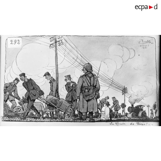 Paris, Salon des Armées, La route de Paris, aquarelle de Boutel. [légende d’origine]