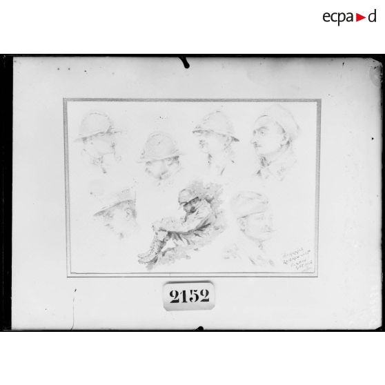 Paris, salon des Armées, croquis de poilus dans une tranchée de Verdun, par Renimel. [légende d’origine]